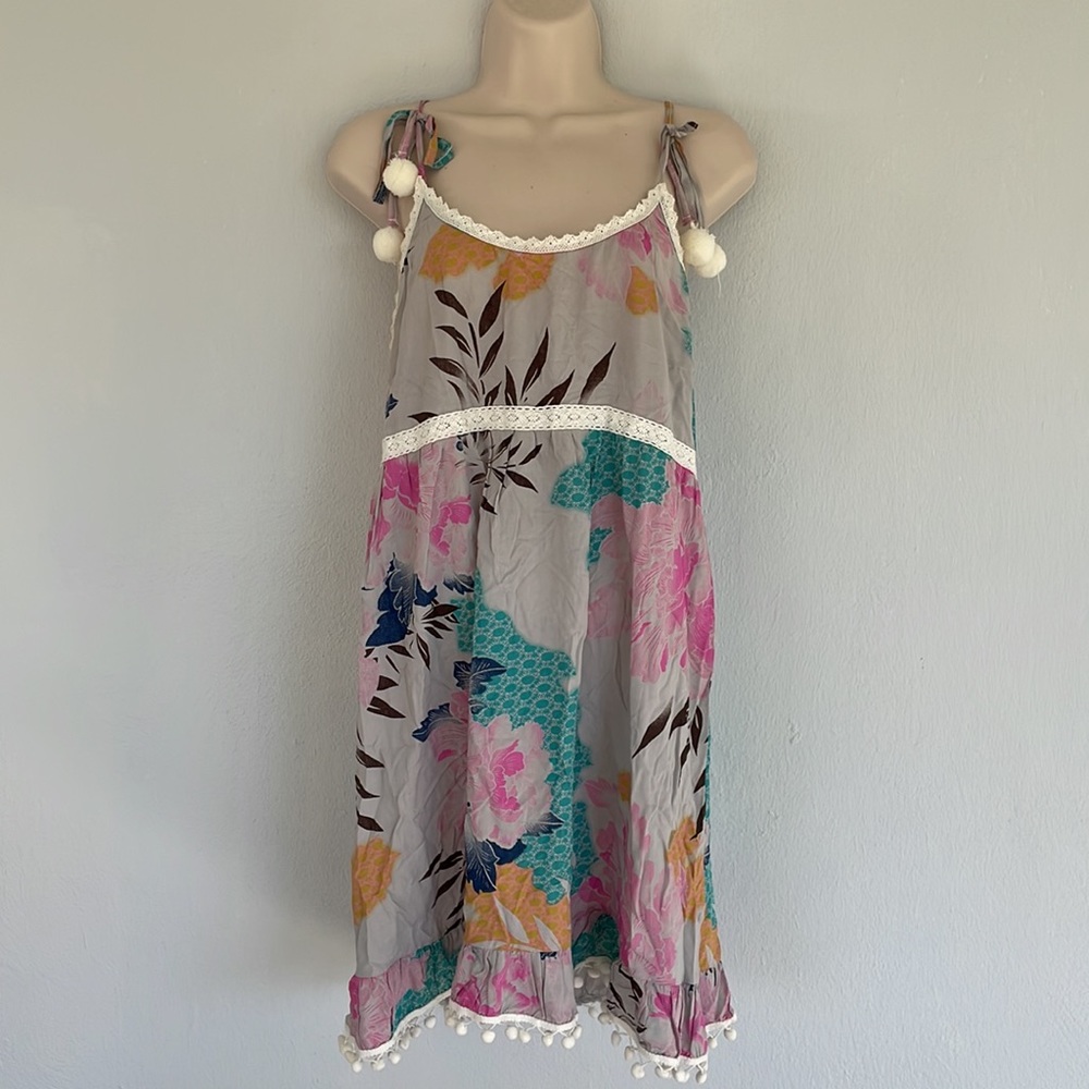 Ocean Drive gray tropical floral tie strap backless pom pom dress size medium - Picture 2 of 10